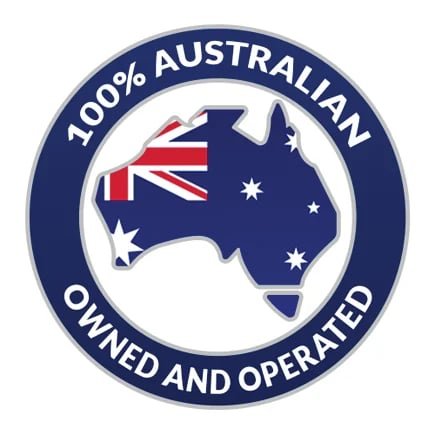 100% Australian owned and operated badge with map of Australia and flag symbol