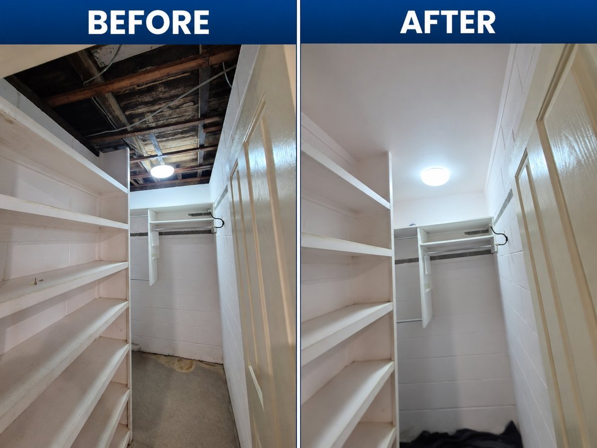 Before and after water damaged asbestos ceiling removal and repair in a Wongawallan QLD home, showing exposed beams then a new smooth white ceiling